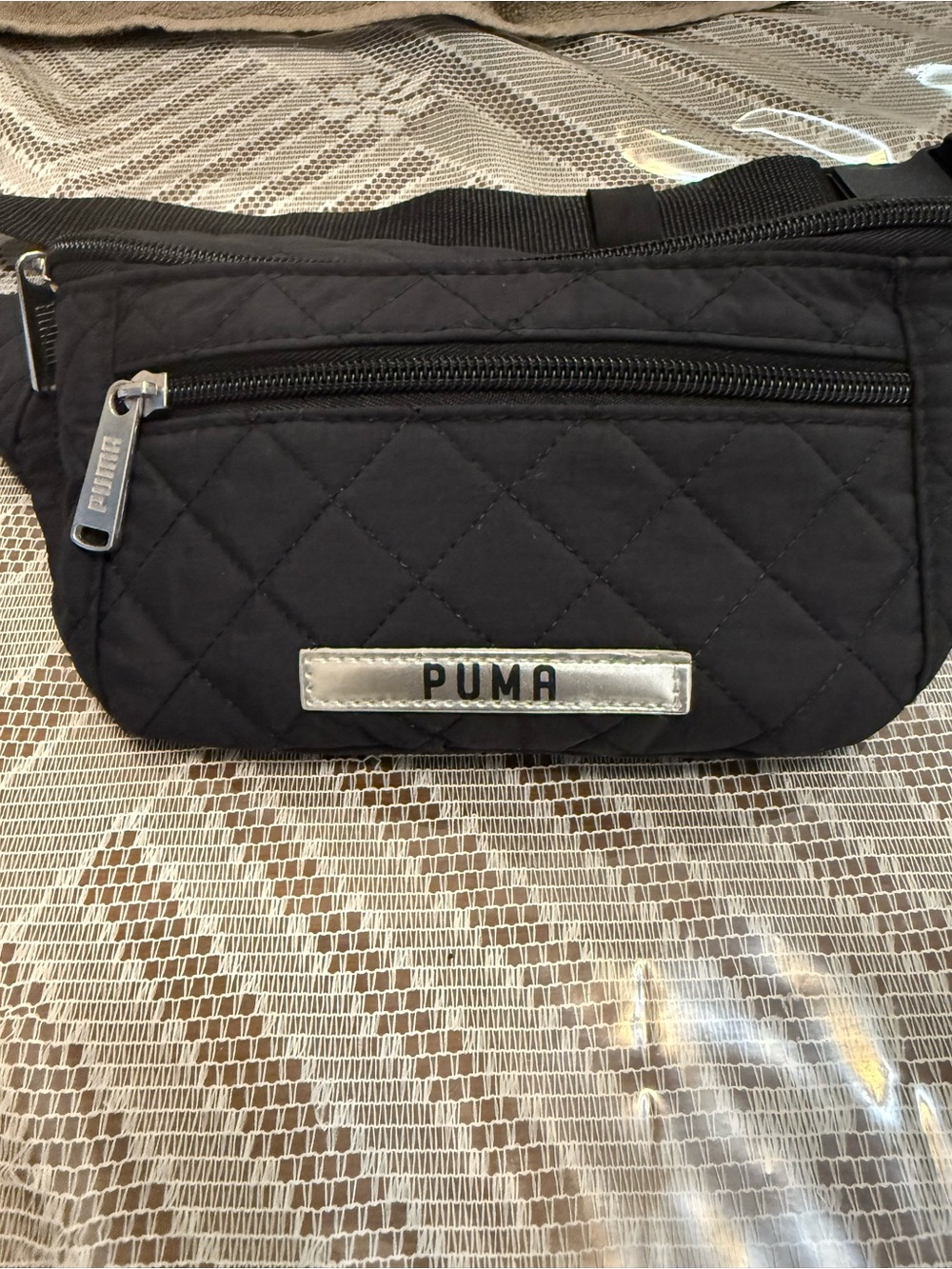 PUMA Black Quilted Belt Bag with Silver Accents